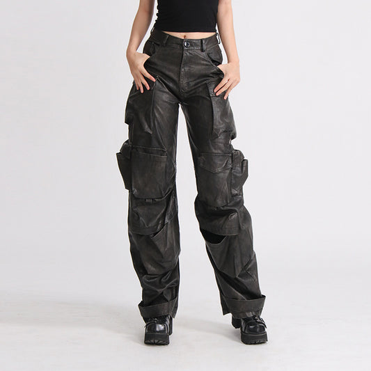 Dark Grey PU Leather High Waist Streetwear Hip-Hop Women's Cargo Multi-Pocketed Wide Leg Solid Color Pants