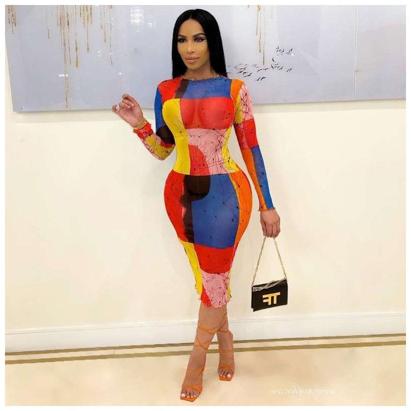 Geometric Colorblock Digital Print Long Sleeve Bodycon Midi Dress