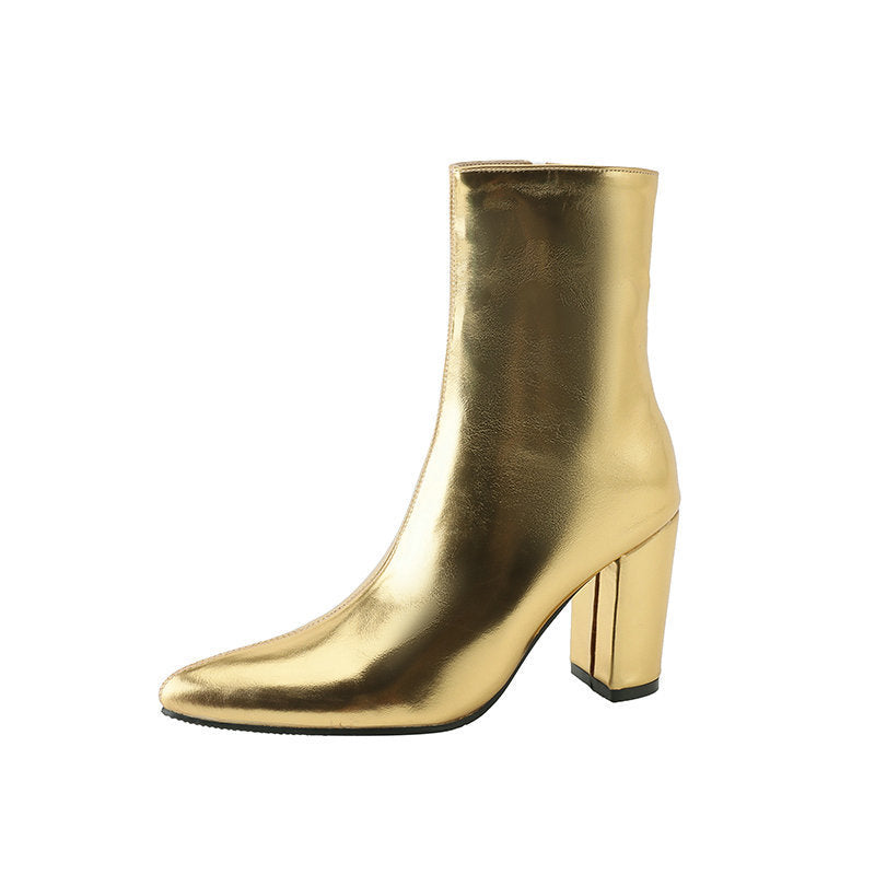 Metallic Silver/Gold Pointed Toe Thick Heel Women's Side Zipper Ankle Boots