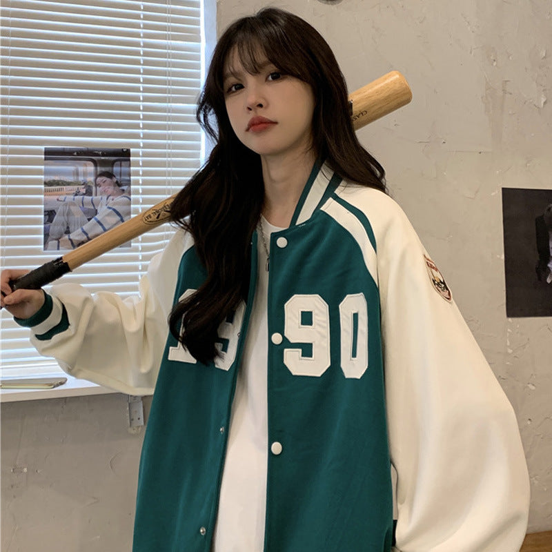"1990" Printed Hip-Hop Colorblock Button-Up Women's Varsity Bomber Jacket