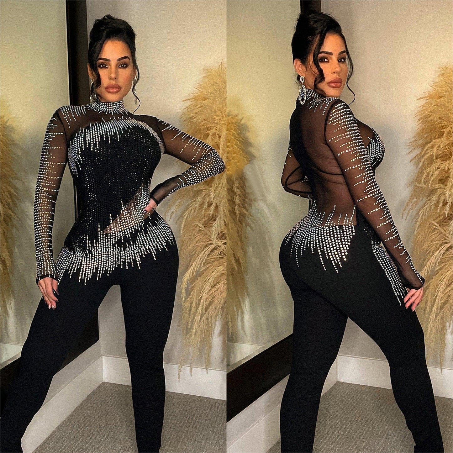 Black/Silver Metallic Mesh Sheer Rhinestone Long Sleeve Diagnol Hem Women's Formal Party Jumpsuit
