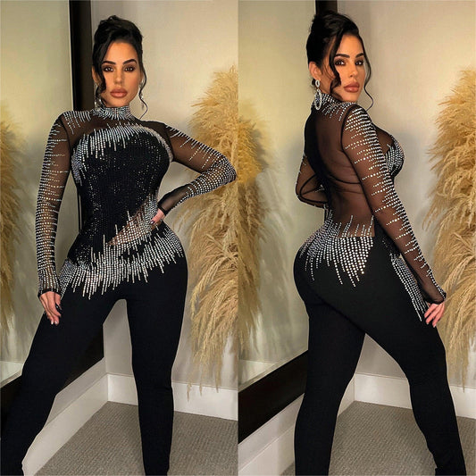 Black/Silver Metallic Mesh Sheer Rhinestone Long Sleeve Diagnol Hem Women's Formal Party Jumpsuit