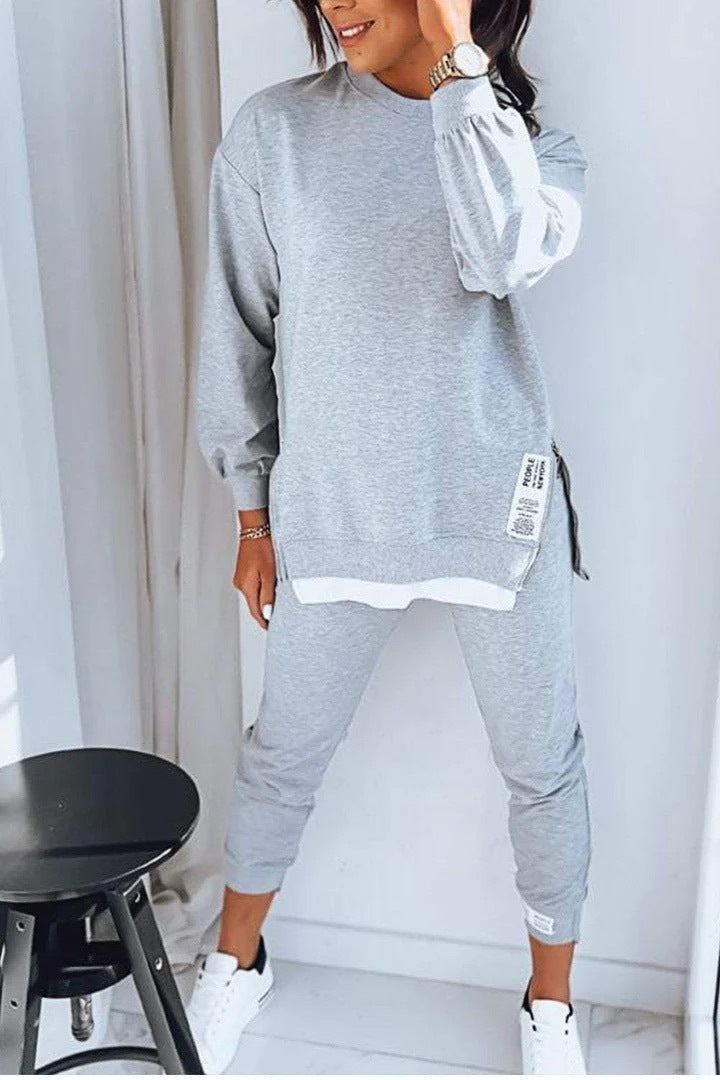 O-Neck Long Sleeve Women's Side Slit Design Sweatshirt + Skinny Sweatpants 2-Piece Set to 5X Plus Size