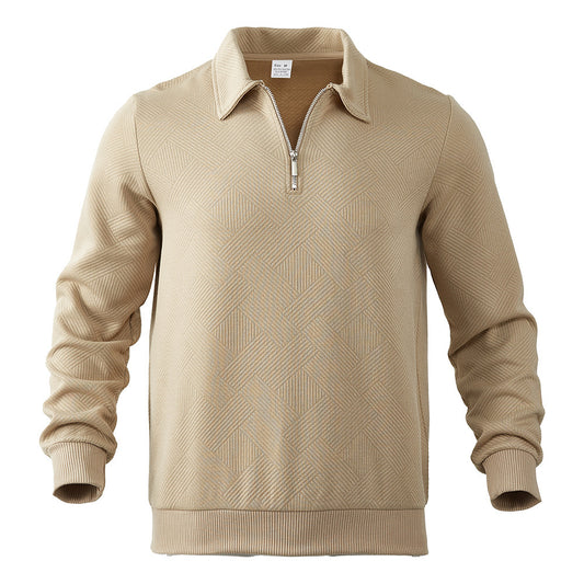Men's Jacquard Turn-Down Collar Half Zipper Solid Color Long Sleeve Sweatshirt
