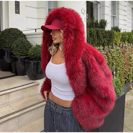 Wine Red Fuzzy Faux Fur Women's Long Sleeve Hoodie Jacket
