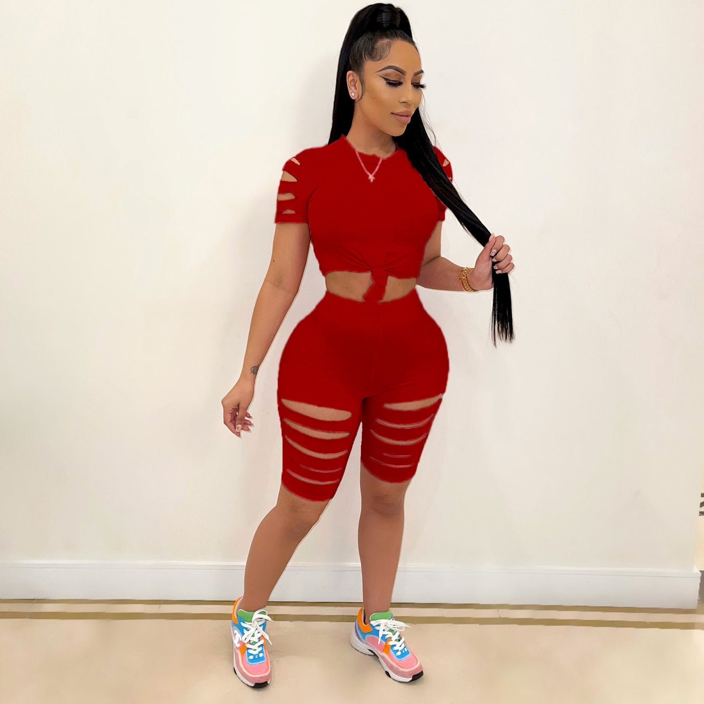 Solid Color Short Sleeve Crop Top + Ripped Biker Shorts 2-Piece Fitness Set