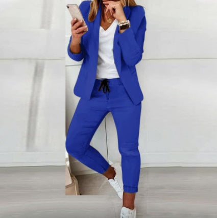 Single Breasted Solid Color Blazer Jacket + Drawstring Pants Women's 2-Piece Office Suit to 3X Plus Size