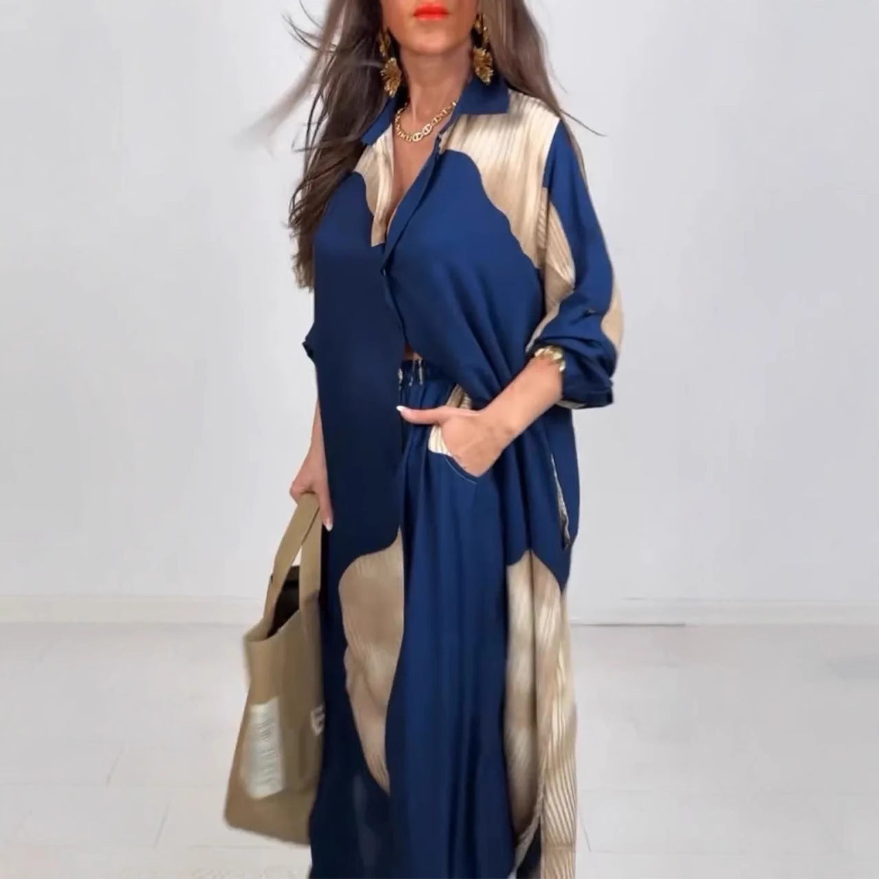 Geometric Colorblock Women's Long Sleeve Maxi Blouse + Pants 2-Piece Sets to 5X Plus Size