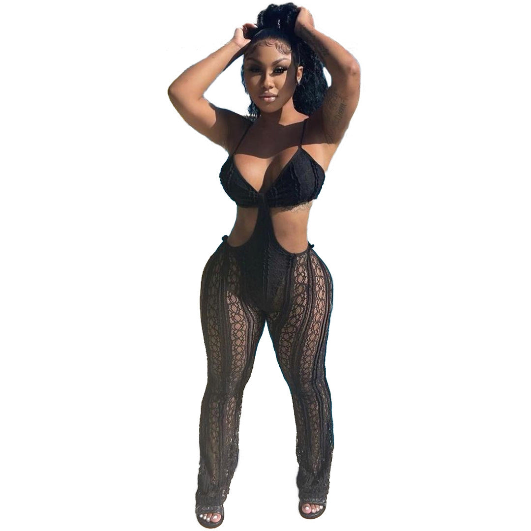 Black Sheer Hollow-Out Women's Transparent Sexy Sleeveless Bikini Jumpsuit