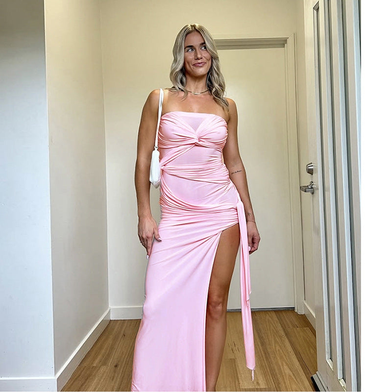 Soft Pink Sleeveless Sheer Transparent Criss-Cross Backless High Side Slit Solid Color Maxi Tube Dress