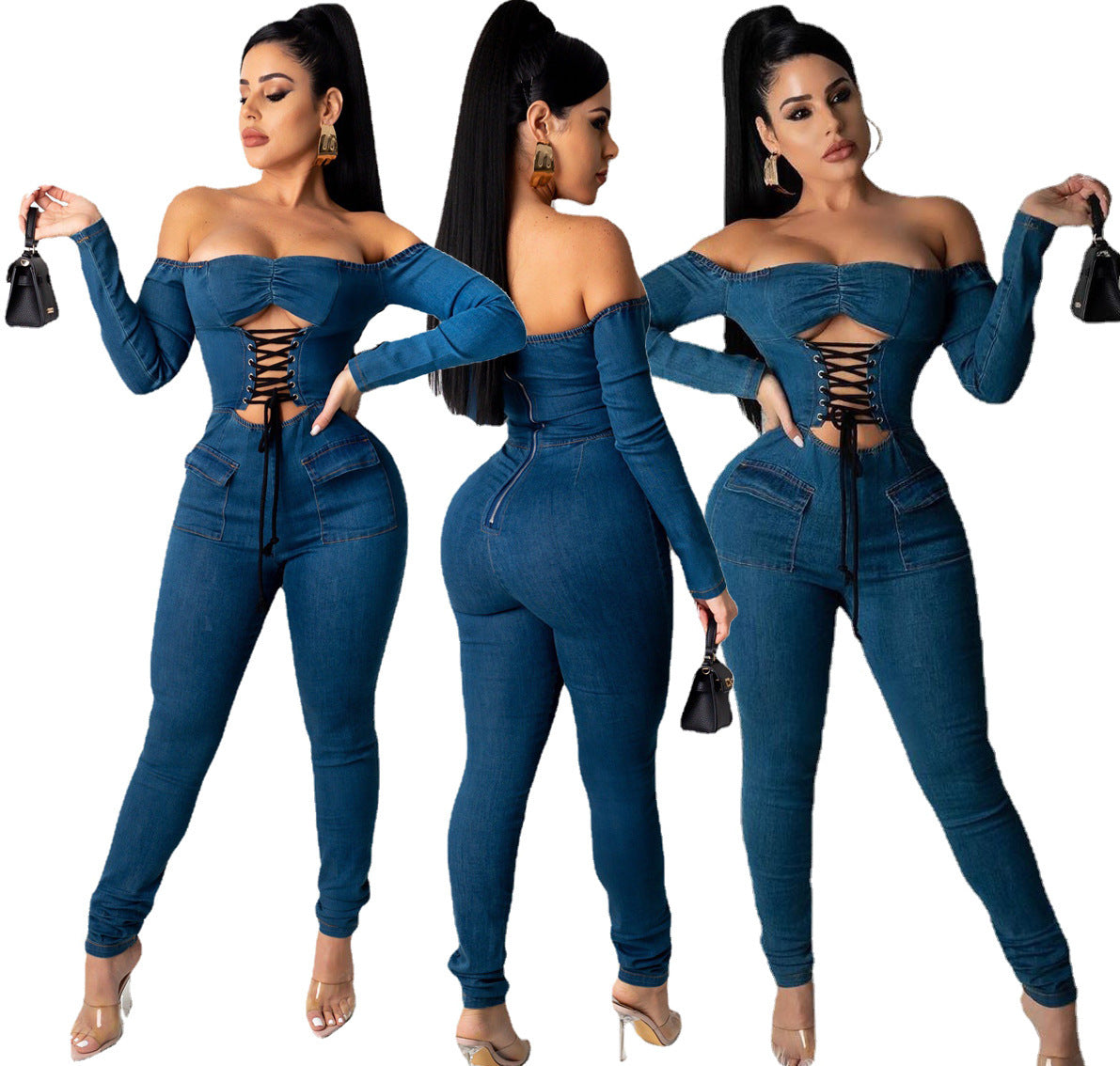 Denim Lace-Up  Long Sleeve Zipper Back Off-the-Shoulder Women's Skinny Jean Jumpsuit