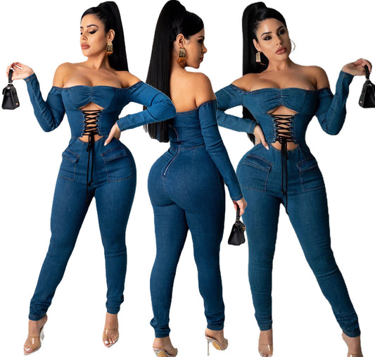 Denim Lace-Up  Long Sleeve Zipper Back Off-the-Shoulder Women's Skinny Jean Jumpsuit