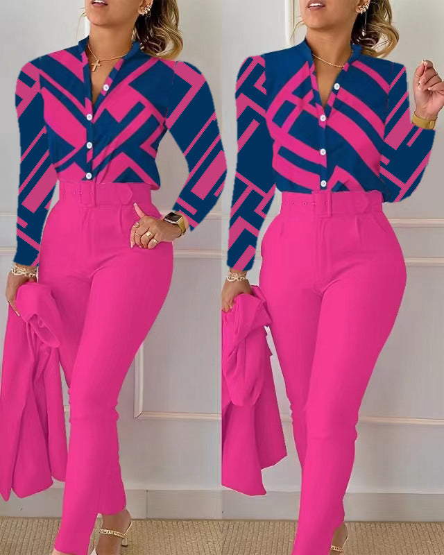 Floral/Geometric/Baroque/Colorblock Gradient Print Long Sleeve Blouse + Solid Color Pants w/ Belt 2-Piece Office Attire Set