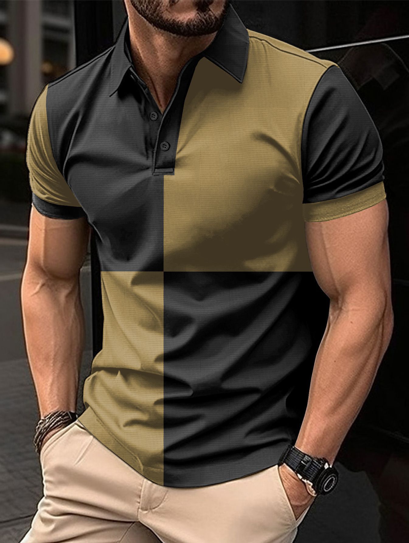 Colorblock Checker Print Turn-Down Collar Button-Up Polo Shirt