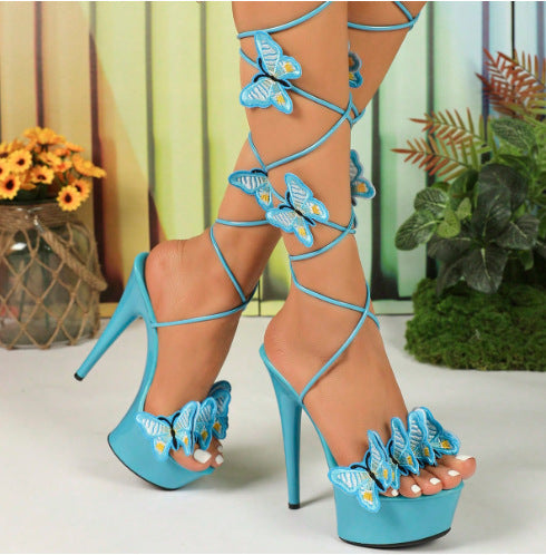 Butterfly Embellished Open Toe Lace-Up Patent Leather Stiletto Platform Heel Sandal Pumps