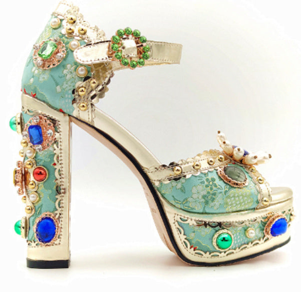 Vintage Baroque Rhinestone Embellished Leather Platform Thick Heel Fishmouth Women's Sandal Pumps