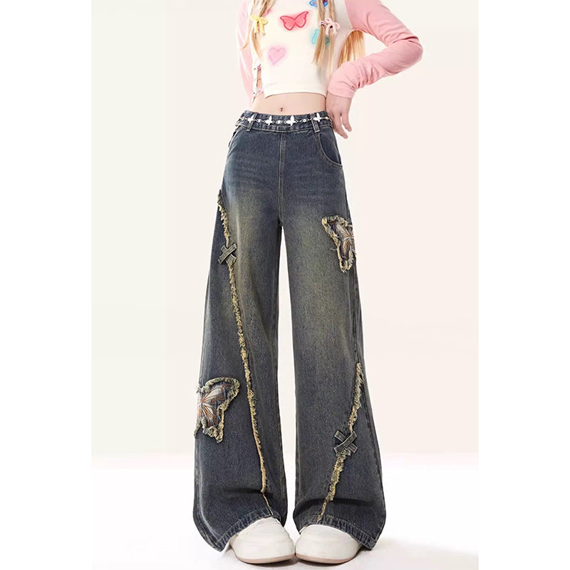 Vintage Faded Denim Butterfly Patch Design Raw Edge Women's Wide Leg Jeans