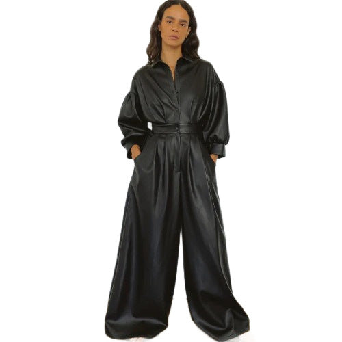 Black Retro Loose PU Leather Button-Up Long Puff Sleeve Women's Pocketed Wide Leg Jumpsuit