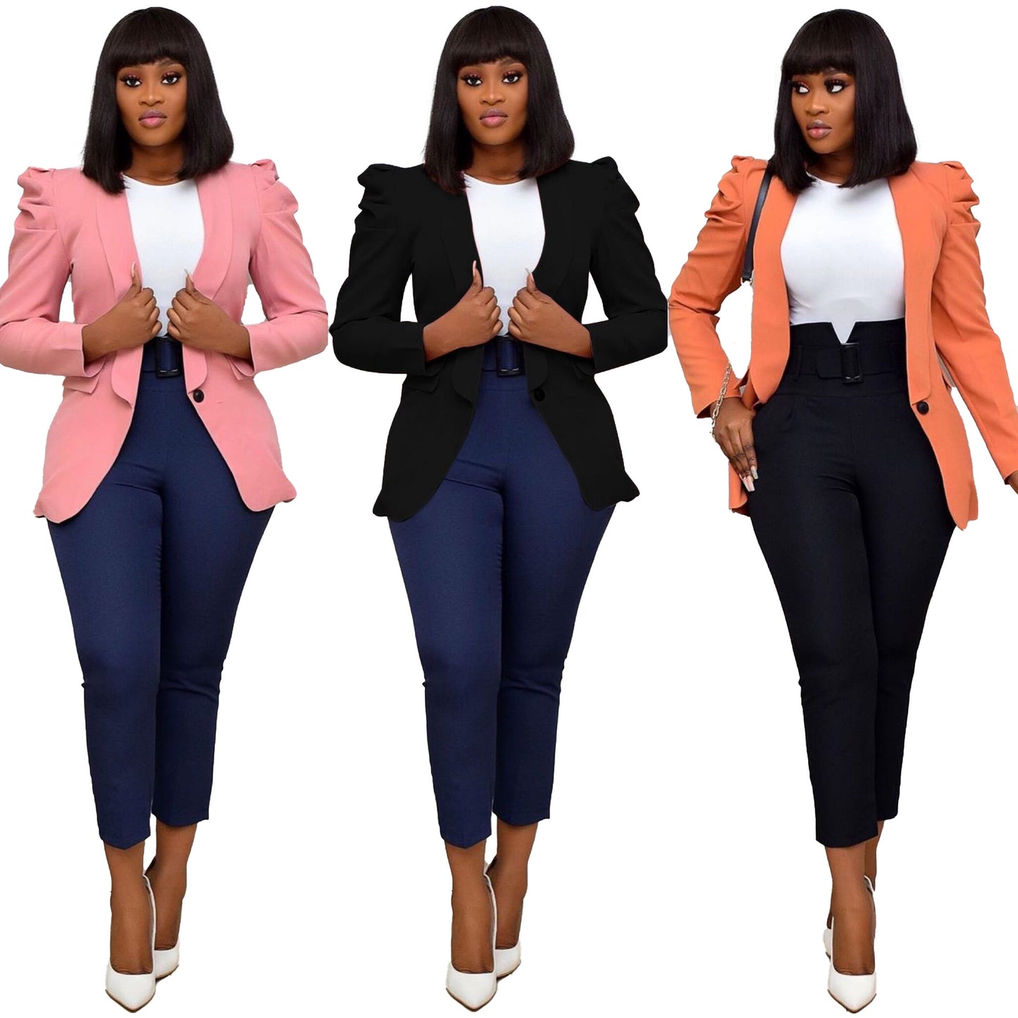 Balloon Sleeve Pleated Solid Color Women's Button Blazer Jacket