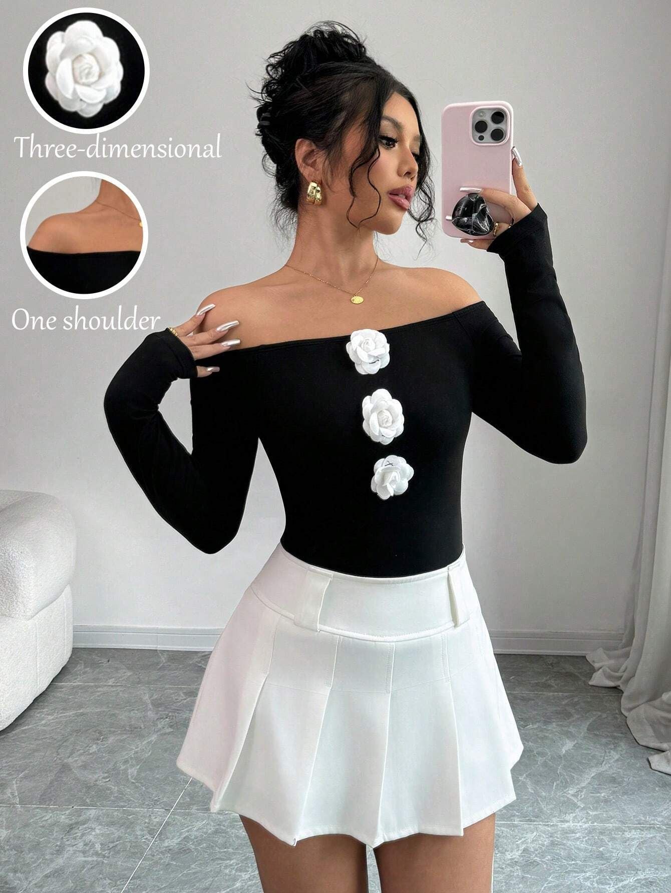 Black Off-the-Shoulder 3D White Floral Embroidered Skinny Long Sleeve Women's Shirt