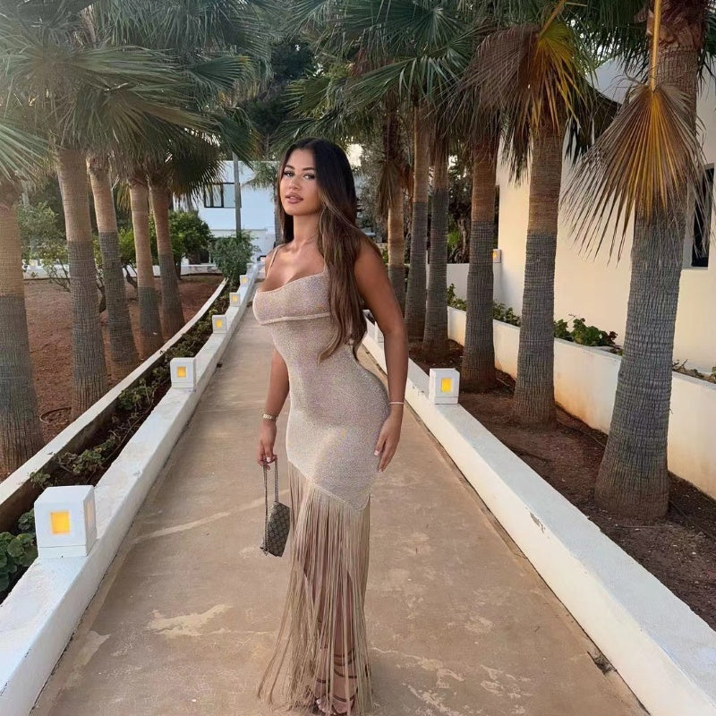 Sparkling Glitter Tassel Fringe Detail Spaghetti Strap Sling Dress