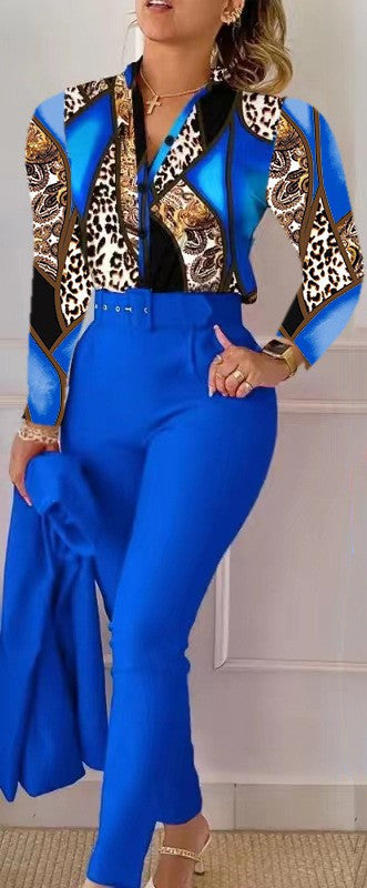 Floral/Geometric/Baroque/Colorblock Gradient Print Long Sleeve Blouse + Solid Color Pants w/ Belt 2-Piece Office Attire Set