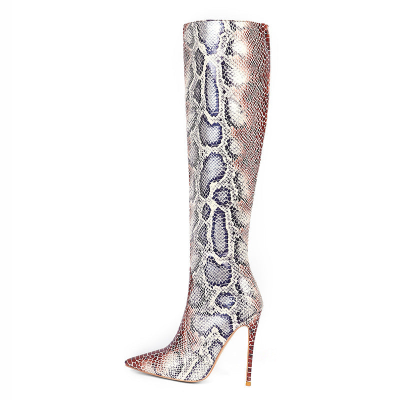 Colorblock Snakeskin Print Women's Stiletto Heel Knee High Boots