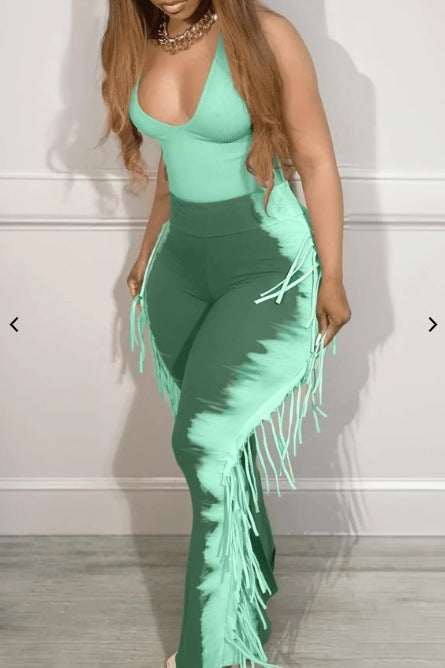 Side Tassel Fringe Design Sleeveless Women's V-Neck Skinny Jumpsuit
