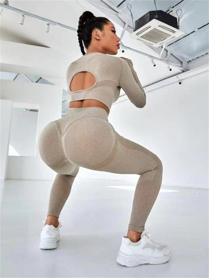 Solid Color Long Sleeve Hollow-Out Fitness Top + Butt Lifting High Waist Seamless Gym Workout Leggings Tracksuit
