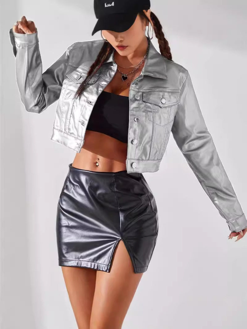 Metallic Colored Women's Streetwear Coated Jean Jacket