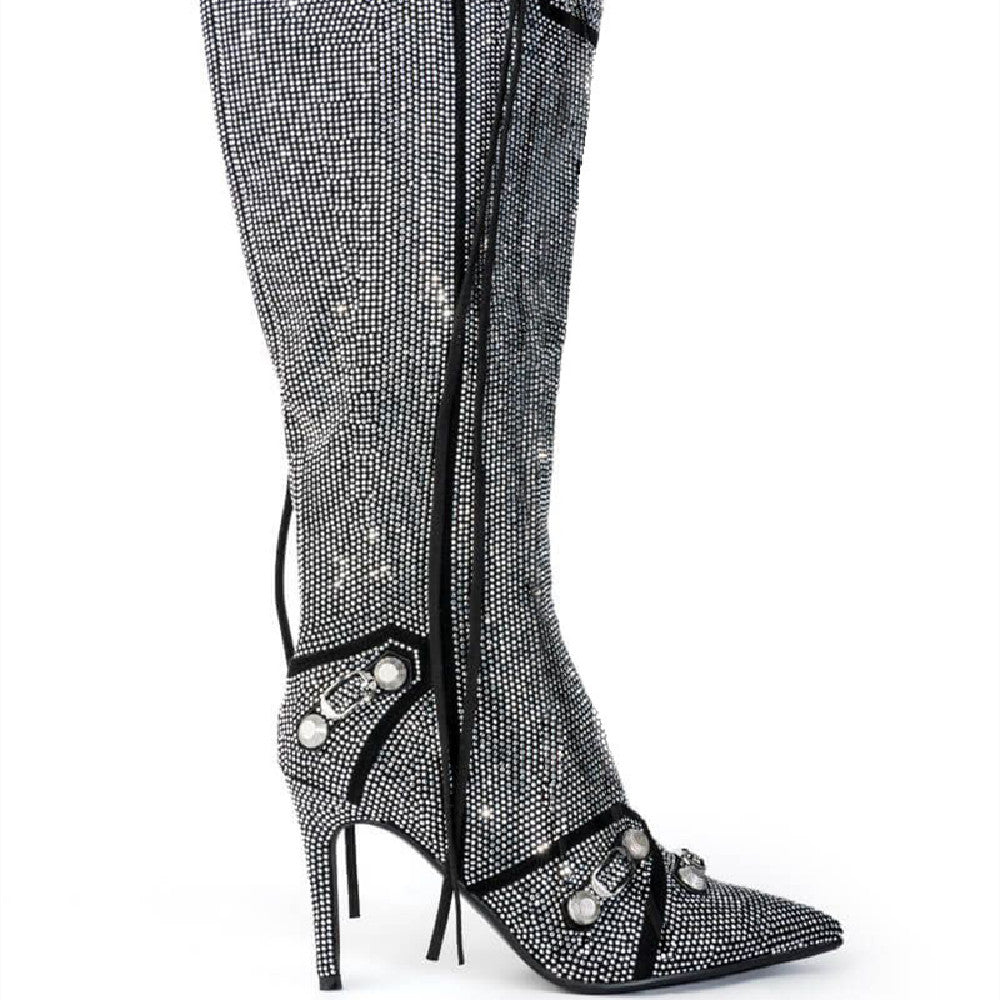 Rhinestone Needle Buckle Oversized Women's Knee High Zipper Boots