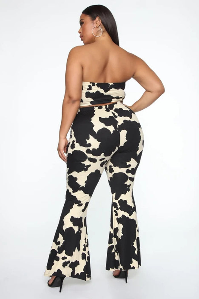 Black/Off-White Cowhide Pattern Sleeveless Tube Top + Flared Leggings 2-Piece Set to 5X Plus Size