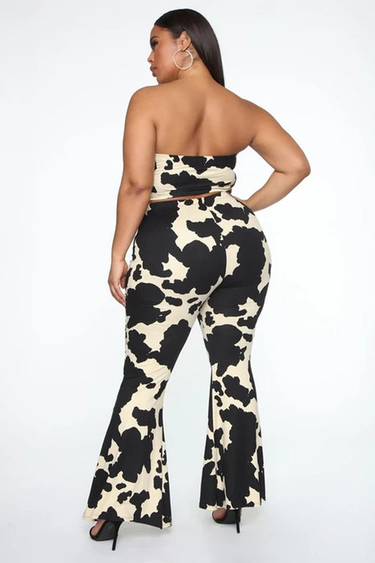 Black/Off-White Cowhide Pattern Sleeveless Tube Top + Flared Leggings 2-Piece Set to 5X Plus Size