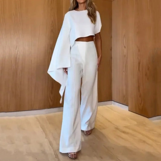 White Asymmetrical Women's One Sleeve Shirt + Pants 2-Piece Set