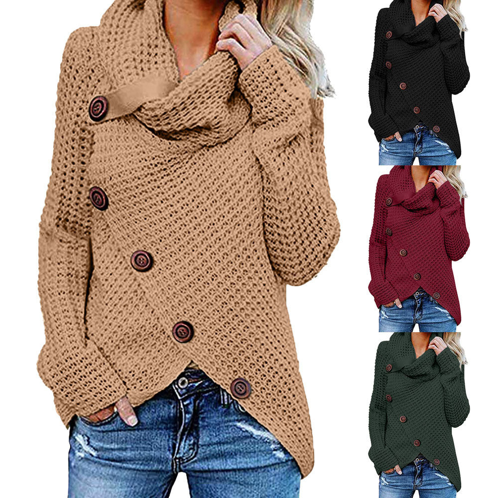 Turtleneck Button Design Long Sleeve Irregular Knitted Sweater