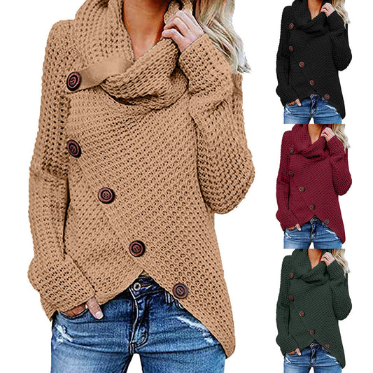 Turtleneck Button Design Long Sleeve Irregular Knitted Sweater