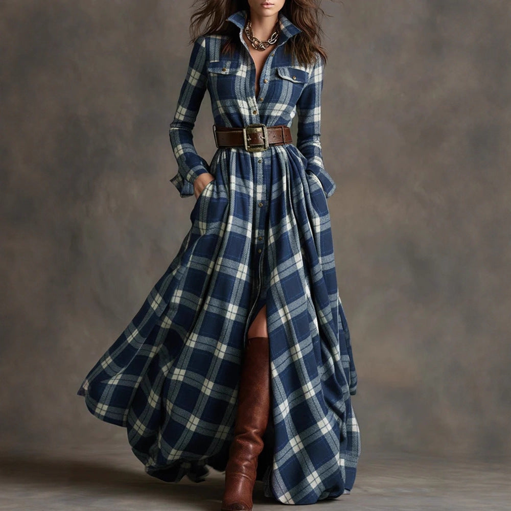 Oversized Plaid Print Long Sleeve Pocketed Turn-Down Collar Button-Up Big Swing Maxi Dress to 4X Plus Size