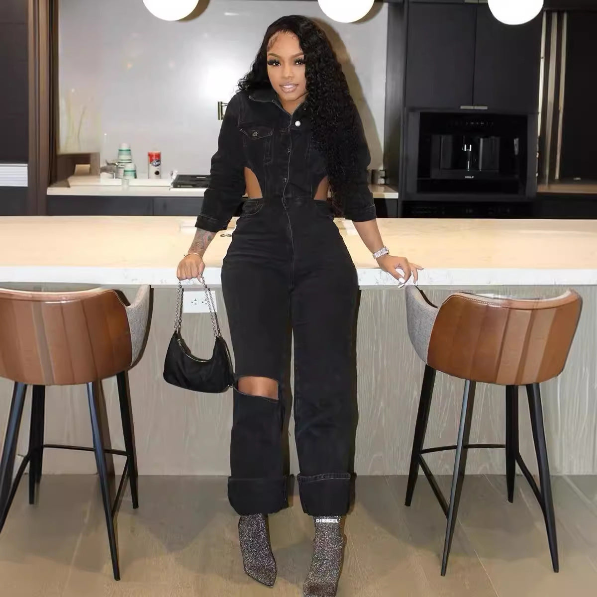 Black Denim Elastic Hollow-Out Long Sleeve Women's Jeans Jumpsuit