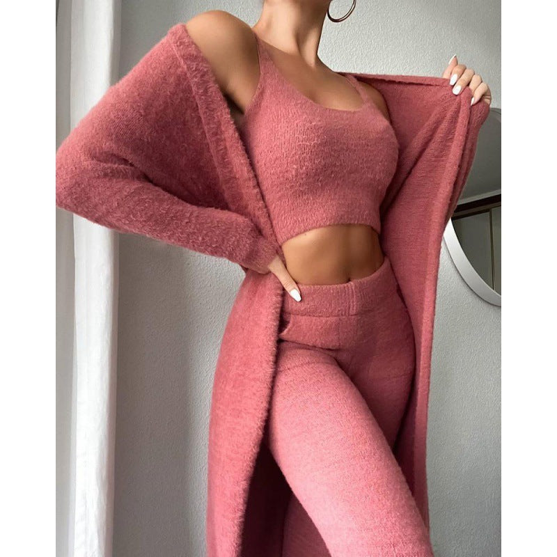 Women's 3-Piece Pajamas Sleepwear Set: Open Solid Color Maxi Cardigan Robe, Sleeveless Cami Top + Leggings