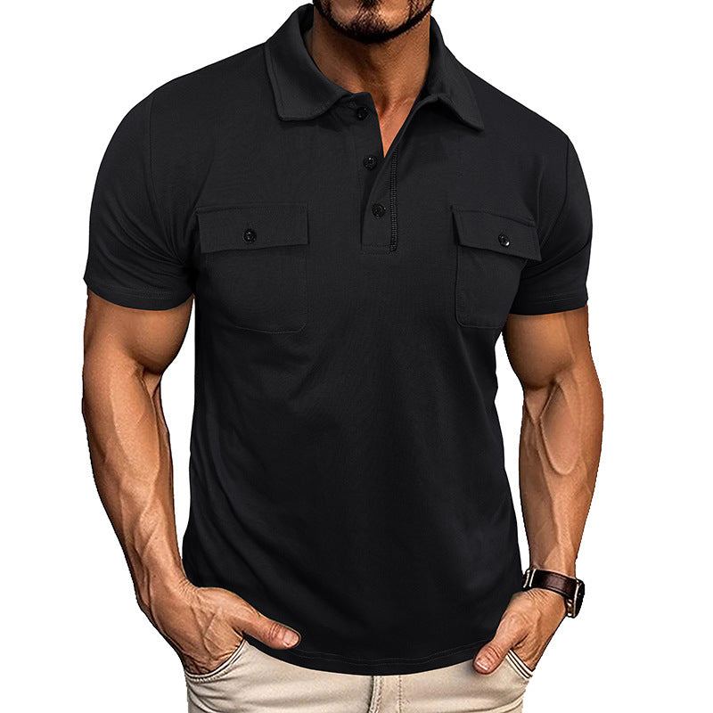 Men's Double Pocket Solid Color Button-Up Turn-Down Collar Polo Shirts