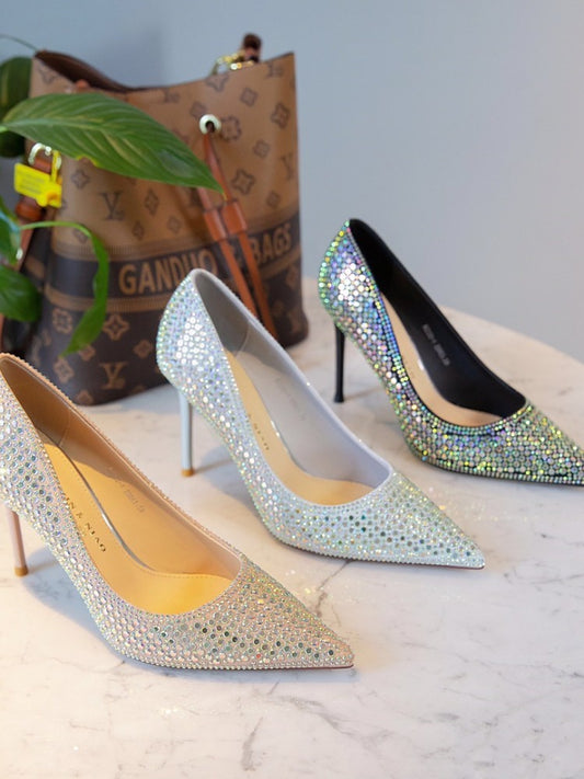 Metallic Diamond Decor Pointed Toe Stiletto Heel Women's Pumps