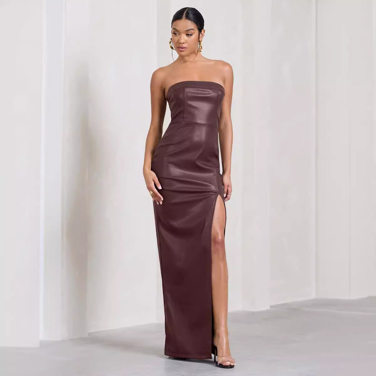 PU Leather Sleeveless Solid Color High Slit Maxi Tube Top Dress
