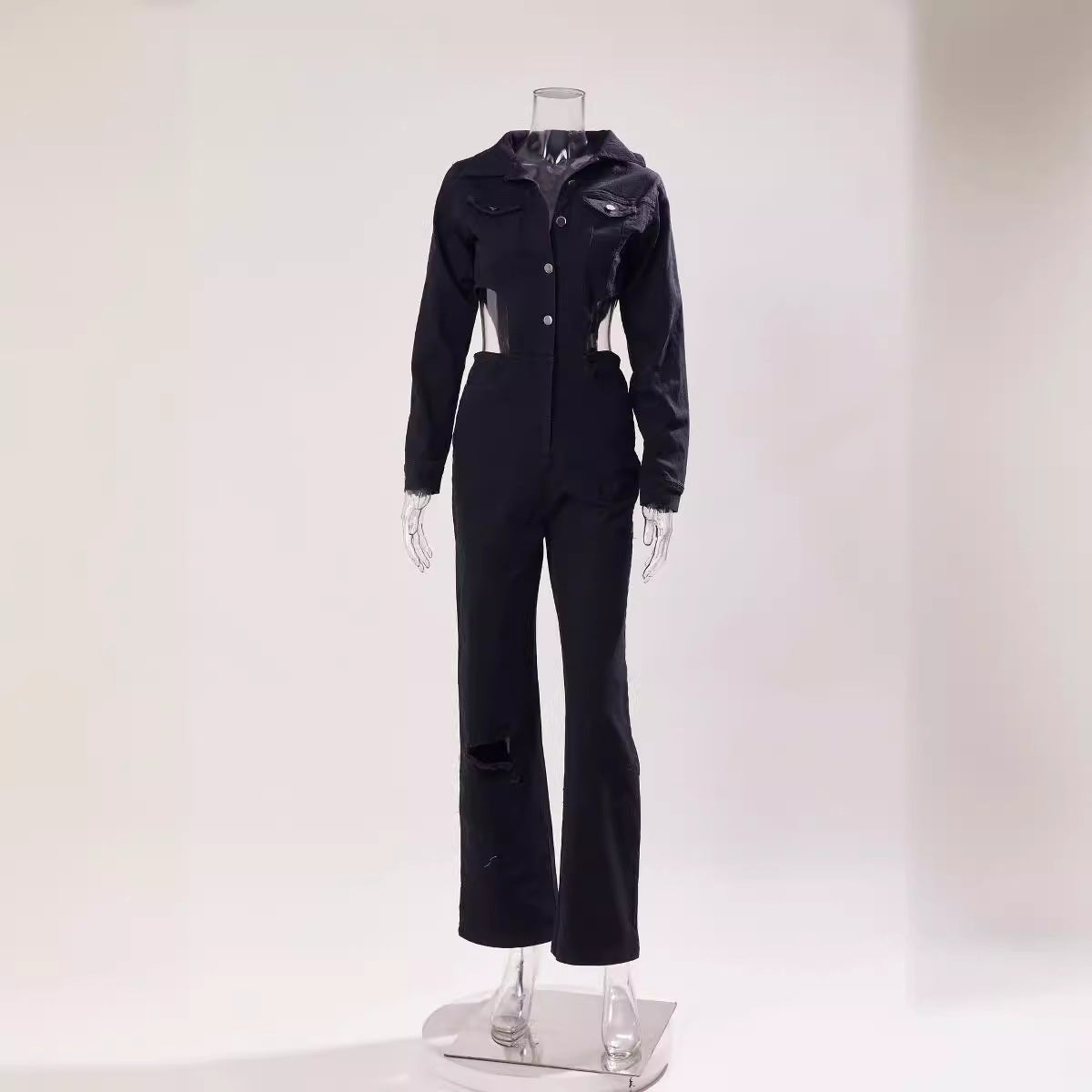 Black Denim Elastic Hollow-Out Long Sleeve Women's Jeans Jumpsuit