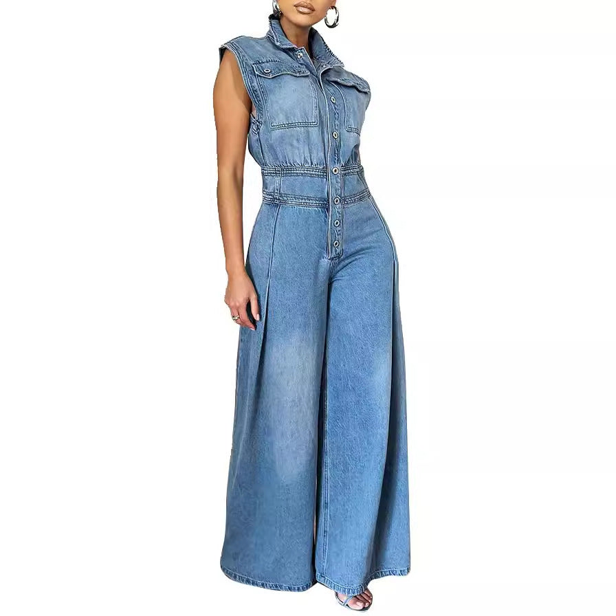Denim Blue Washed Sleeveless Turn-Down Collar Wide Leg Women's Jeans Jumpsuit