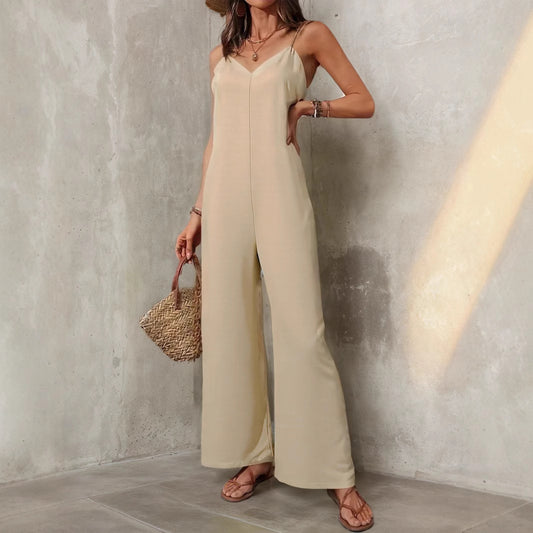 Solid Color Baggy Wide Leg V-Neck Spaghetti Strap Straight Trouser Casual Jumpsuit