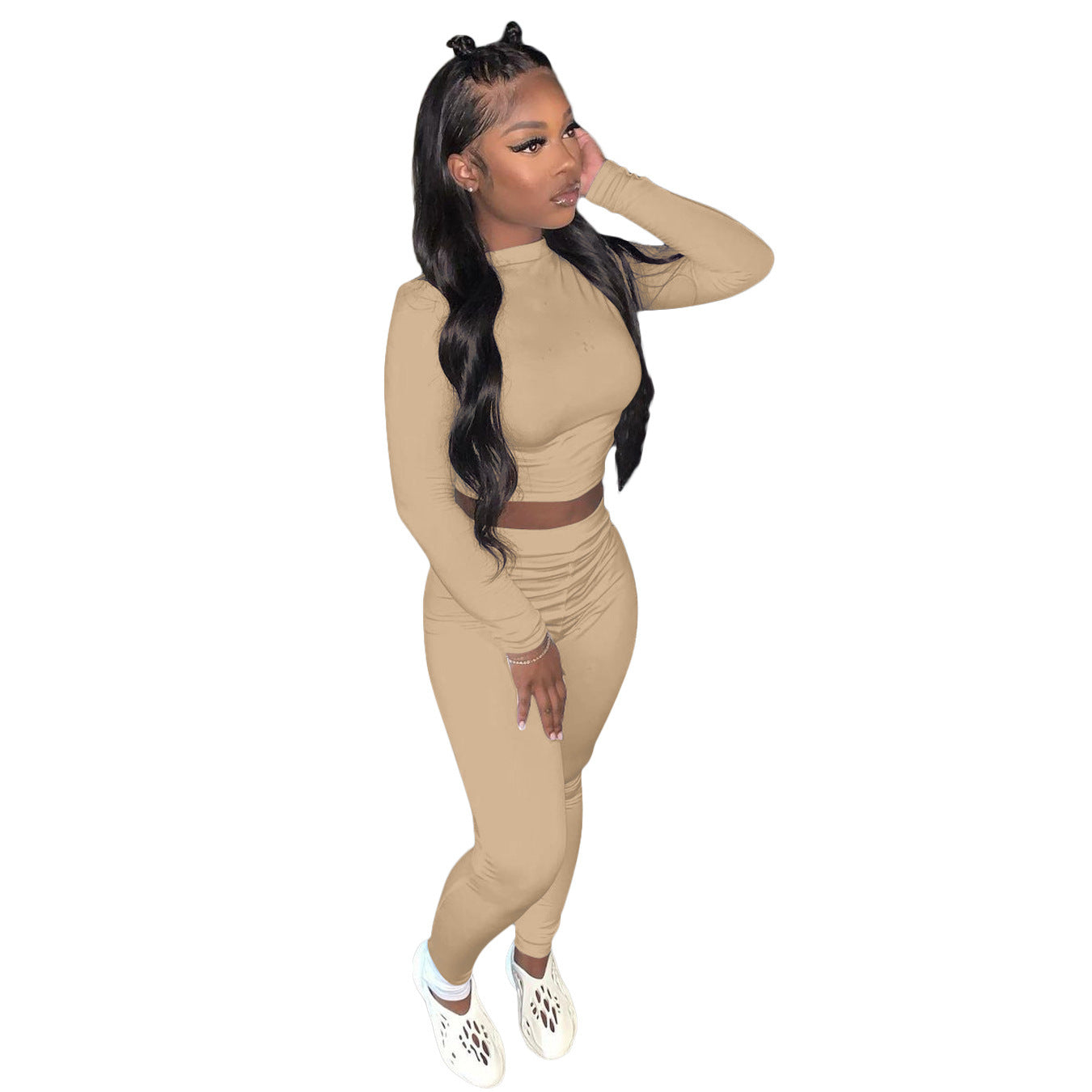 Long Sleeve Solid Color Women's Crop Top + Ruched Skin Tight Leggings 2-Piece Fitness Tracksuit