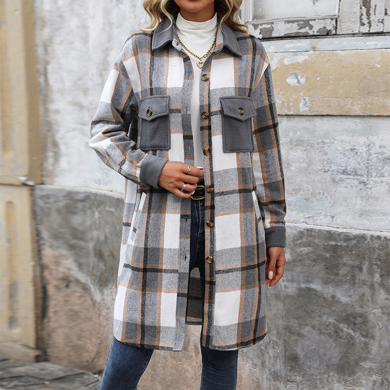 Brushed Plaid Long Sleeve Pocket Detail Turn-Down Collar Women's Maxi Jacket