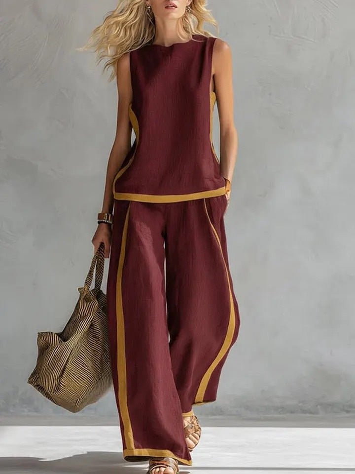 Side Striped Sleeveless Women's Top + High Waist Loose Wide Leg Pants 2-Piece Set to 3X Plus Size