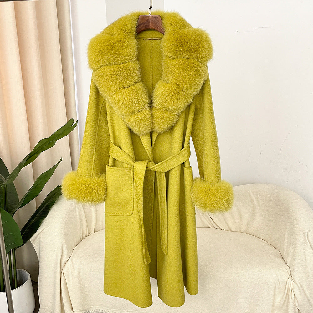 Oversized Fur Collar Double Sided Water Ripple Wool Women's Trenchcoat