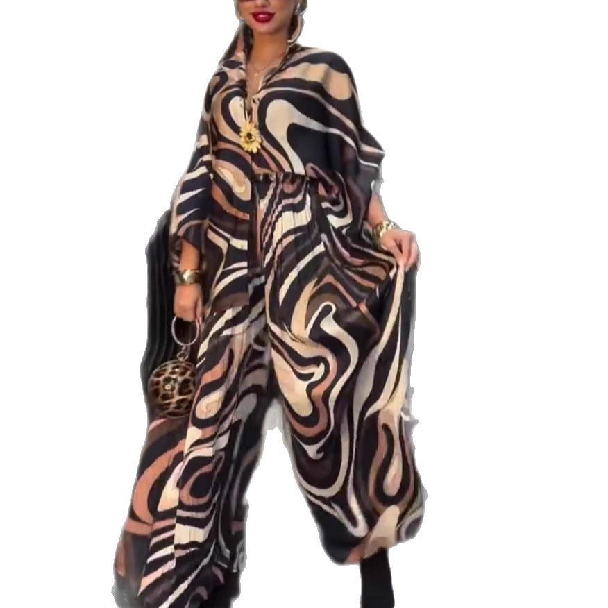 Swirl Print Long Sleeve Blouse + Wide Leg Loose Pants Women's 2-Piece Set to 3X Plus Size